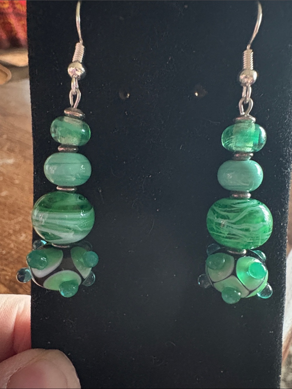 Hand Crafted Emerald Glass Bead Drop Earrings